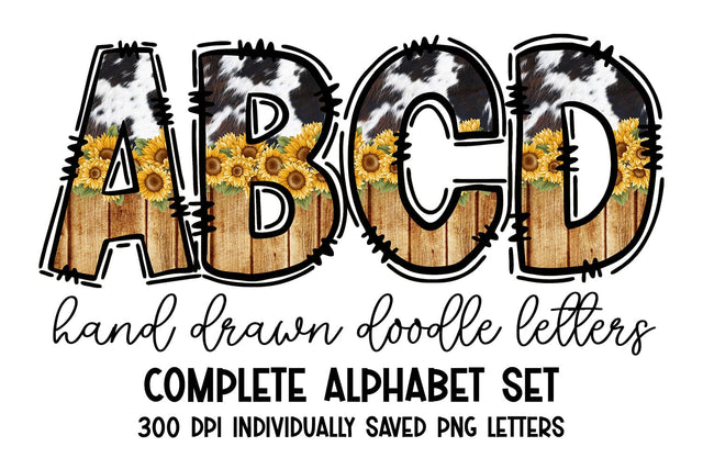 Cowhide & Sunflowers Rustic Doodle Letters Alphabet Set Sublimation BijouBay 