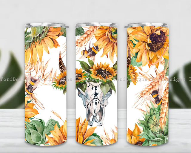 Cowskull Sunflower 20 Oz Skinny Tumbler PNG Sublimation ToriDesigns 