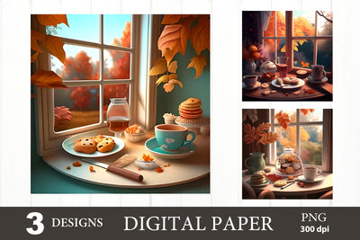 Cozy Fall Digital Paper PNG. Fall Window Tea PNG Sublimation Olga Terlyanskaya 
