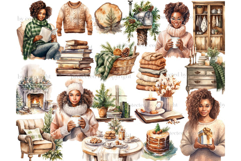 Cozy Winter Clipart | Reading Black Girl Clipart SVG GlamArtZhanna 