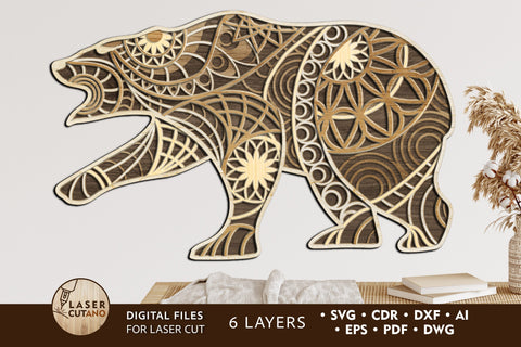 Crafts Bear Multilayer Laser Cut Files, Mandala, 3D Designs, Laser Engraving SVG LaserCutano 