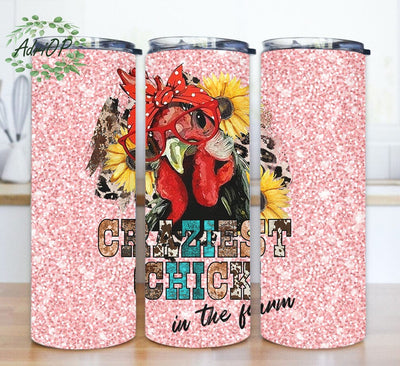 Craziest Chick On The Farm Tumbler Design, Rooster Tumbler Png, Pink Glitter Tumbler Wrap, Western Chicken 20oz Skinny Tumbler, Farm Animal Tumbler With Lid And Straw, Instant Download Sublimation AdriOP 