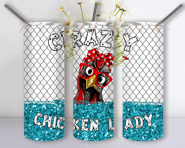 Crazy Chicken Lady Glitter 20oz Skinny Tumbler Png, I Love Chicken, Farm Life, Country Life, Chicken in Glasses, Chicken Coop, Rooster, Chicken Lover Png Sublimation PixelChick 