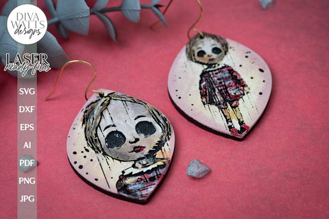 Creepy Doll Earrings SVG For Laser Earrings With Scary Doll for Halloween Earrings For Glowforge Evil Doll Earrings SVG Halloween Earrings SVG Diva Watts Designs 