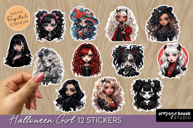 Creepy Halloween Girl Stickers - Printable Stickers Bundle Sublimation OrangeBrushStudio 