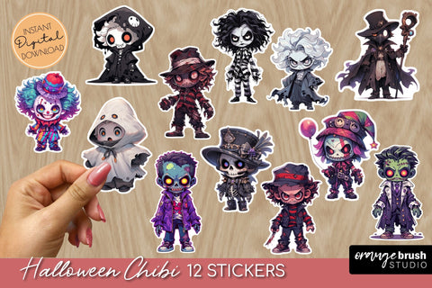 Creepy Halloween Stickers Printable Chibi Sticker Sheet Sublimation OrangeBrushStudio 