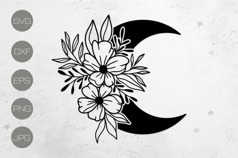 Crescent Moon and Flowers Svg. Celestial Sublimation Design. SVG Tafti Art 