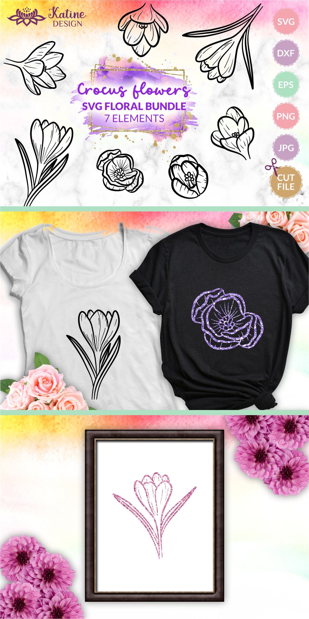 Crocus SVG, Flower Bundle SVG, Floral SVG Bundle, Hand Drawn Flowers ...