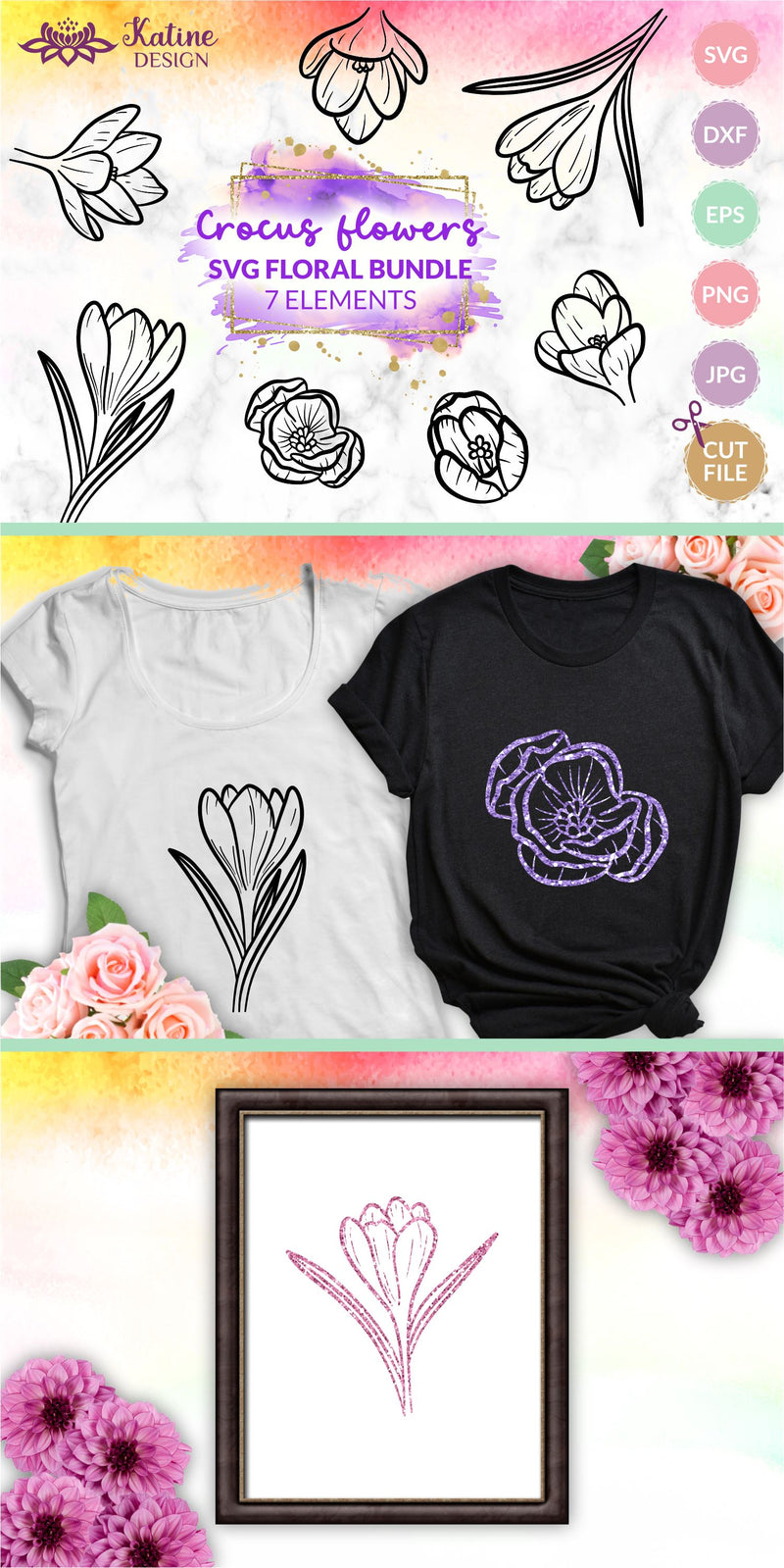 Crocus SVG, Flower Bundle SVG, Floral SVG Bundle, Hand Drawn Flowers