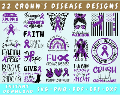 Crohn's Disease Awareness SVG Bundle, 22 Designs, Crohn's Disease PNG, Crohn's Disease Warrior SVG, Crohn's Disease Cut Files For Cricut, Silhouette SVG HappyDesignStudio 