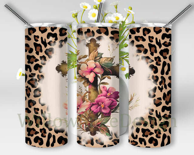 Cross And Flower 20oz Skinny Tumbler Png, Leopard Floral Religion Christian, Floral Jesus Tumbler, Leopard Tumbler, Floral Tumbler Design Sublimation WillowSageDesign 