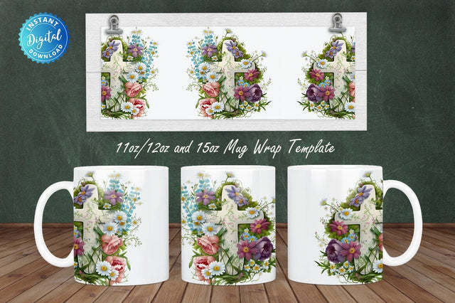Cross Easter Spring Flowers 11, 12 & 15 Oz Mug Sublimation Sublimation Regulrcrative 