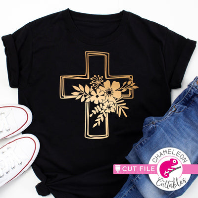 Cross Sketch with flowers - Easter Design - SVG PNG DXF EPS JPEG SVG Chameleon Cuttables 