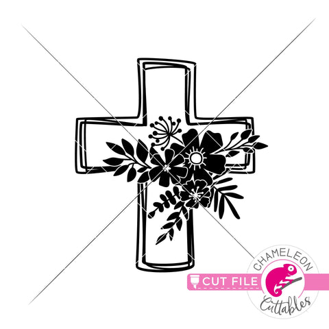 Cross Sketch with flowers - Easter Design - SVG PNG DXF EPS JPEG SVG Chameleon Cuttables 