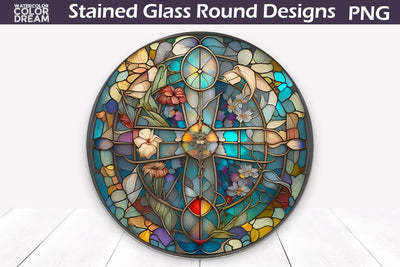Cross Stained Glass Design | Cross Round Sign Sublimation WatercolorColorDream 