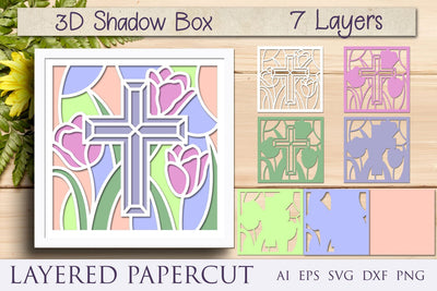 Cross with tulip flowers layered shadow box, Religious 3d light box svg papercut 3D Paper AnastasiyaArtDesign 