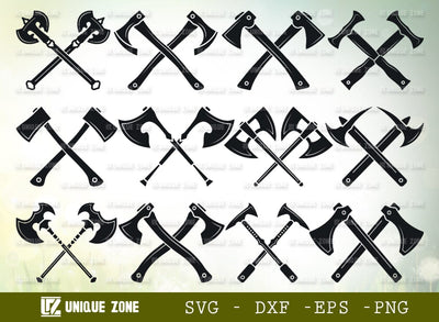 Crossed Axe SVG Bundle, Axe Silhouette, Lumberjack Axe Svg, Wood Cutter Svg, Weapon Svg, Axes Svg, Hammer Svg, SVG Unique Zone 