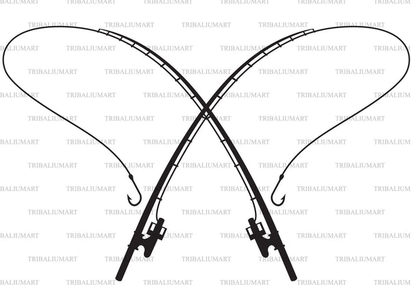 Crossed Fishing Rods. Cut files for Cricut. Clip Art silhouettes (eps, svg, pdf, png, dxf, jpeg)