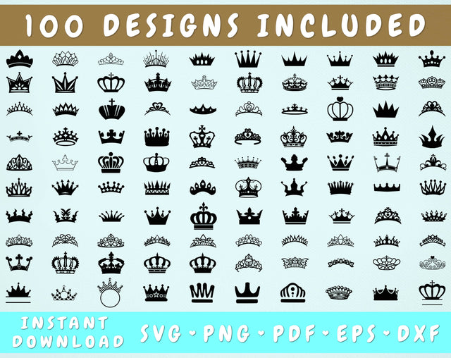 Crown SVG Bundle - 100 Designs, Princess Crown SVG, King Crown SVG, Queen Crown SVG, Catholic Crown SVG SVG HappyDesignStudio 