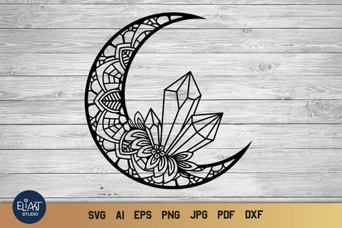 Crystal SVG, Moon SVG, Mandala SVG, Crescent Moon SVG with Crystals and Flowers. SVG Elinorka 