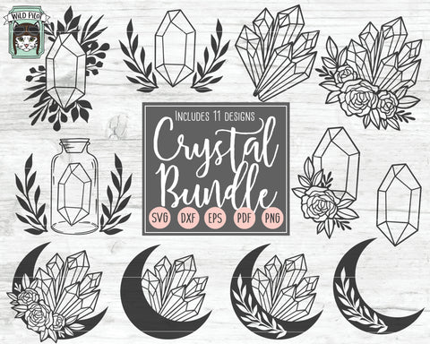 Crystals SVG Files, Crystal Cut File, Crystal Floral SVG, Crystal Flower SVG, Moon Crystal SVG, Crystal Bundle SVG Cut File, Crystal Leaf SVG SVG Wild Pilot 