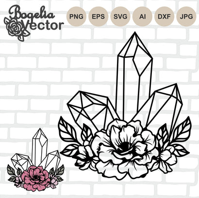 Crystals Svg, Floral Crystals Cut file, Crystal with Flowers Svg, Mystical Crystals Svg for Shirts, Witchy, Cricut, Vector, Clipart, Magic SVG BogeliaVector 