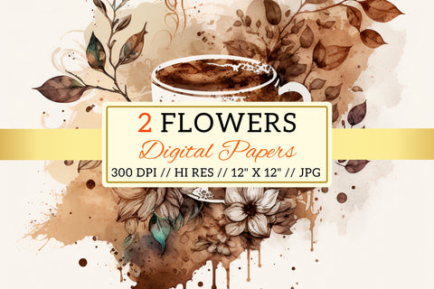 cup of coffee and beans, cup of coffee with flowers Digital Pattern FloridPrintables 