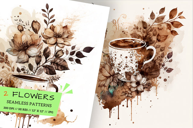 cup of coffee and beans, cup of coffee with flowers Digital Pattern FloridPrintables 