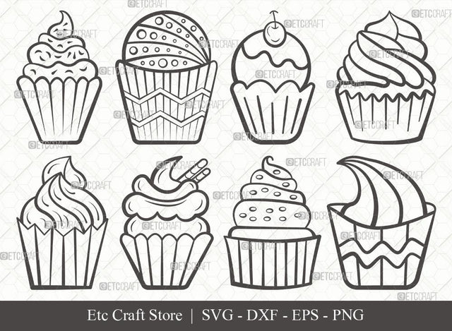 Cupcake Outline SVG Cut File | Cupcake Svg | sweet cupcake Svg | dessert Svg | Bundle | Eps | Dxf | Png SVG ETC Craft 