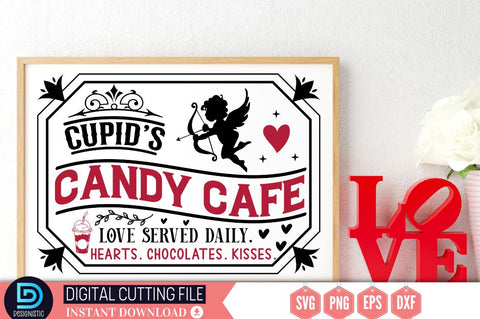 Cupid's candy cafe love served daily. hearts. chocolates. kisses SVG SVG DESIGNISTIC 