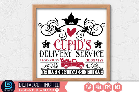 Cupid's delivery service kisses . hugs . chocolates. delivering loads of love SVG SVG DESIGNISTIC 