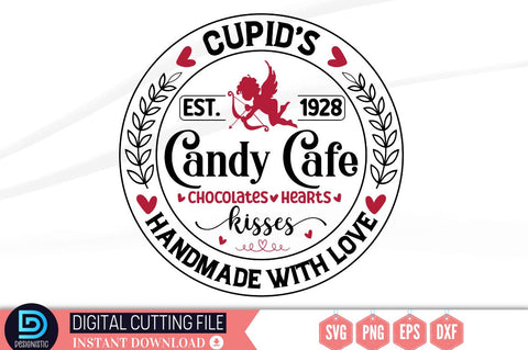 Cupid's est. 1928 candy cafe chocolates. hearts. kisses handmade with love SVG SVG DESIGNISTIC 