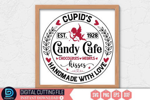 Cupid's est. 1928 candy cafe chocolates. hearts. kisses handmade with love SVG SVG DESIGNISTIC 