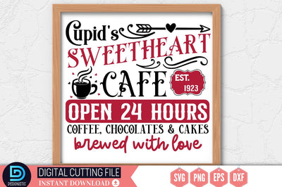 Cupid's sweetheart cafe est. 1923 open 24 hours coffee, chocolates & cakes brewed with love SVG SVG DESIGNISTIC 