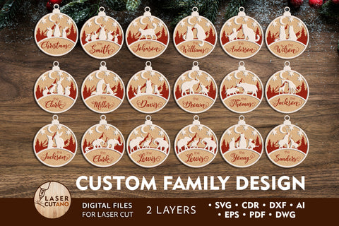CUSTOM CHRISTMAS FAMILY BAUBLES DESIGNS Multilayer Laser Cut Files, Mandala, Round Sign SVG, 3D Designs, Design Bundles SVG LaserCutano 