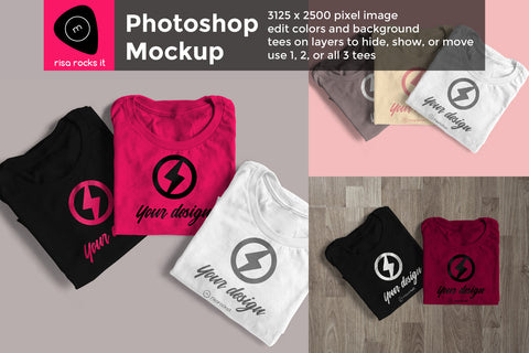 Customizable Three Folded Tees Layered PSD Photoshop Product Mockup Mock Up Photo Risa Rocks It 