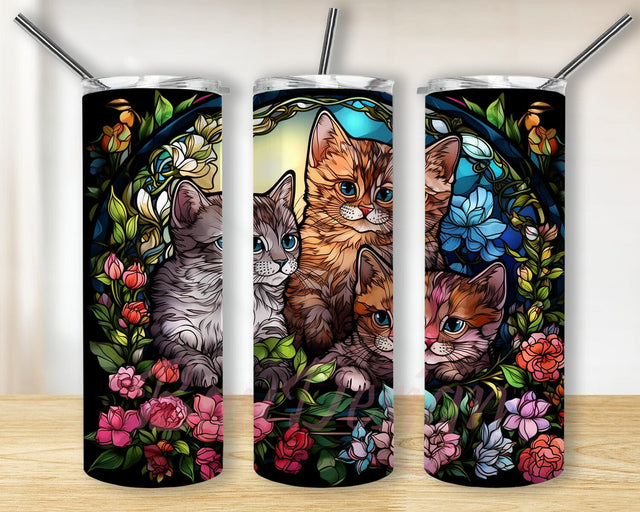 Cute Baby Cats Framed With Vector Flowers 20oz Skinny Tumbler Png, Cute Baby Cats Flowers, Floral Baby Kittens Watercolor Cat Tumbler, Cat Colorful Flowers Tumbler Sublimation BouDesign 