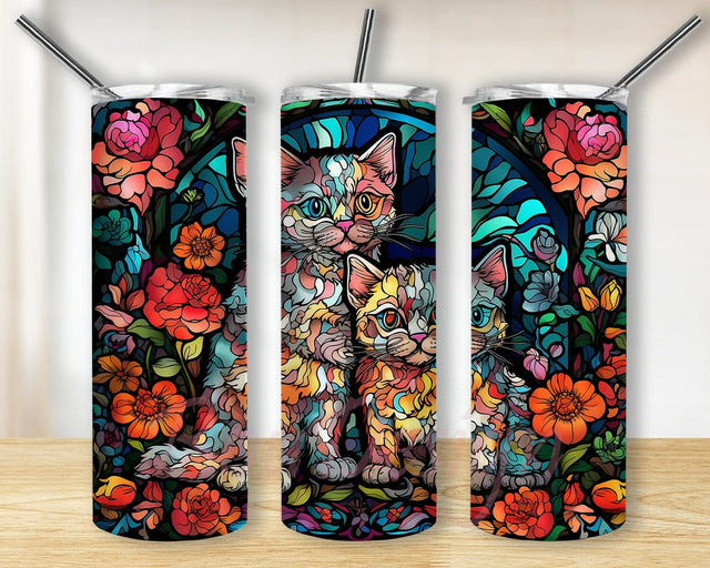 Cute Baby Cats Framed With Vector Flowers 20oz Skinny Tumbler Png, Cute Baby Cats Flowers Tumbler, Floral Baby Kittens Watercolor Cat Tumbler Sublimation BouDesign 