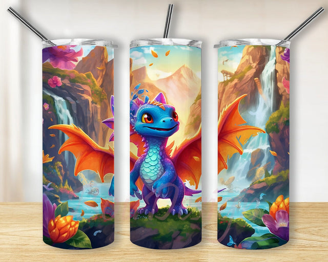Cute Baby Dragon 20oz Skinny Tumbler Png, Mountains And A Waterfall Tumbler, Cute Superhero Dragon Tumbler, Baby Dragon Tumbler Png, Cartoon Tumbler Png Sublimation BouDesign 