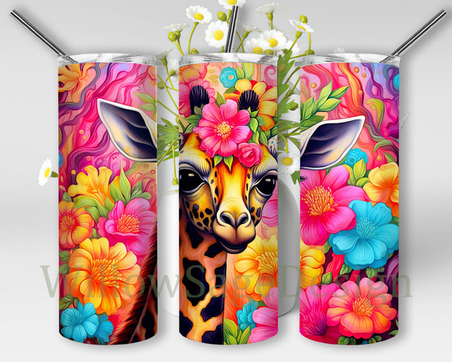 Cute Baby Giraffe Flowers 20oz Skinny Tumbler Png, Colorful Giraffe Flowers Tumbler, Stained Glass Giraffe Tumbler Wrap Png, Giraffe Pink Flower Tumbler Wrapped Sublimation WillowSageDesign 