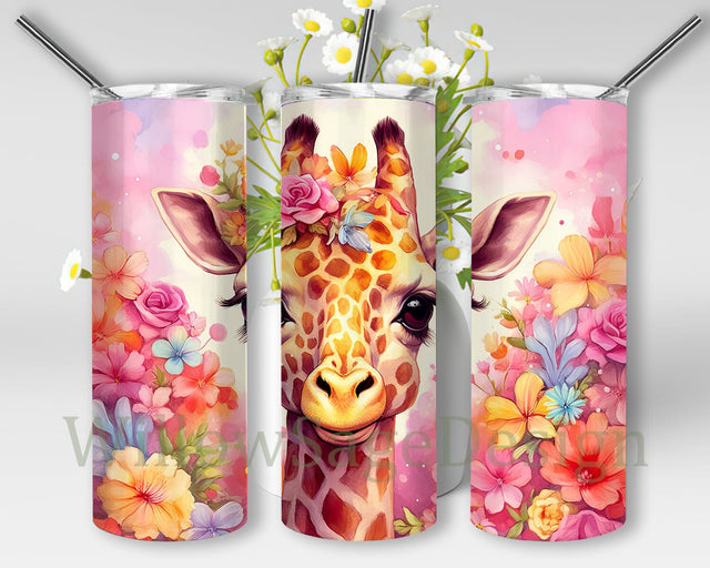 Cute Baby Giraffe Flowers 20oz Skinny Tumbler Png, Giraffe Flowers Tumbler, Stained Glass Giraffe Tumbler Wrap Png, Giraffe Pink Flower Tumbler Wrapped Sublimation WillowSageDesign 