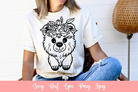 Cute Bear With Flowers SVG File Free For Commercial Use SVG Sintegra 