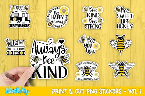 Cute Bee Printable Sticker Bundle Honey Bee Stickers Bumble Bee Stickers Sublimation Whistlepig Designs 