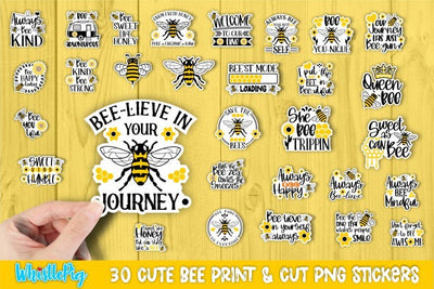 Cute Bee Printable Sticker Bundle Honey Bee Stickers Bumble Bee Stickers Sublimation Whistlepig Designs 
