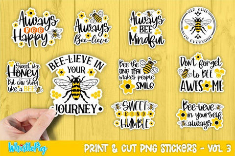 Cute Bee Printable Sticker Bundle Honey Bee Stickers Bumble Bee Stickers Sublimation Whistlepig Designs 