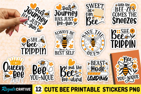 Cute Bee Printable Stickers PNG Bundle Sublimation Regulrcrative 