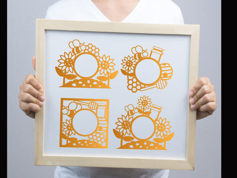 Cute Bee Sunflower Honey Circle Frame Paper cut SVG Johan Ru designs 