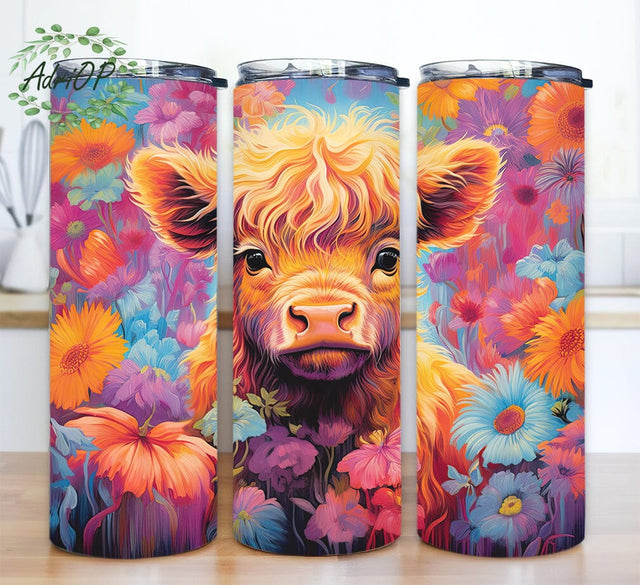 Cute Blond Baby Highland Cow 20oz Skinny Tumbler Png, Highland Cow Flowers Tumbler, Vibrant Colors Tumbler, Colorful Flowers Highland Cow Tumbler, Colorful Flowers Tumbler Sublimation AdriOP 