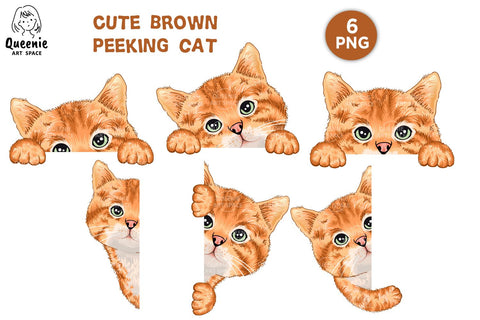 Cute Brown Peeking Cat Illustration, Kitten Clipart Sublimation Q-nie Art Space 