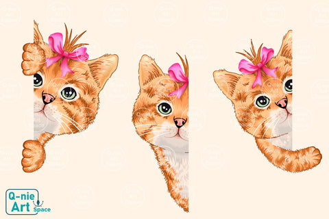 Cute Brown Peeking Cat with Ribbon Illustration, Kitten Clipart Sublimation Q-nie Art Space 